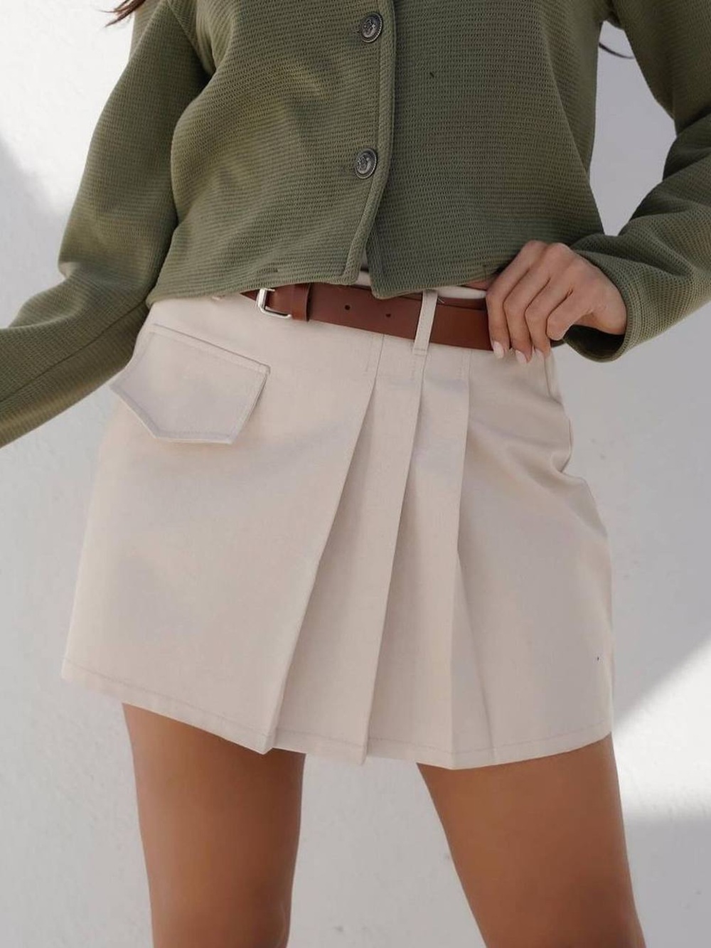 Pleated Mini Skirt with Side Flap Pocket